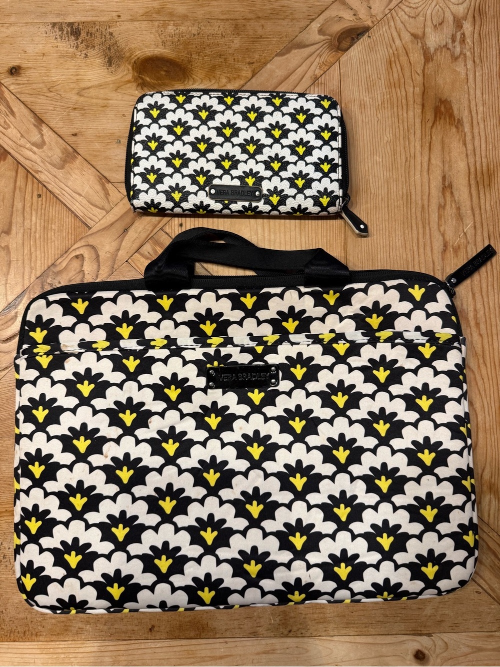 Vera Bradley Black, White & Yellow Floral Laptop Bag with Zip Wallet